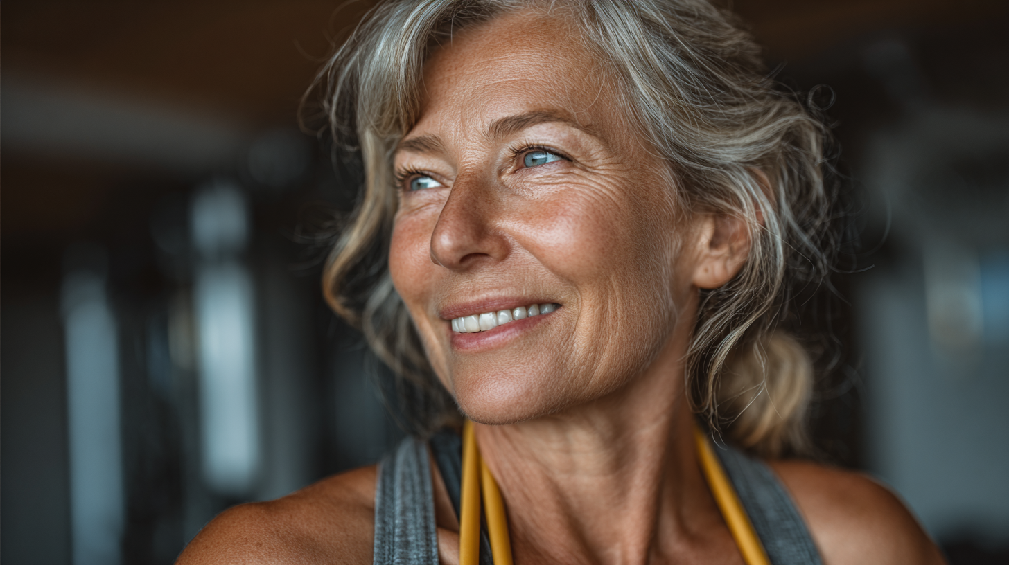 Жінка середнього віку практикує дихальні вправи на природі